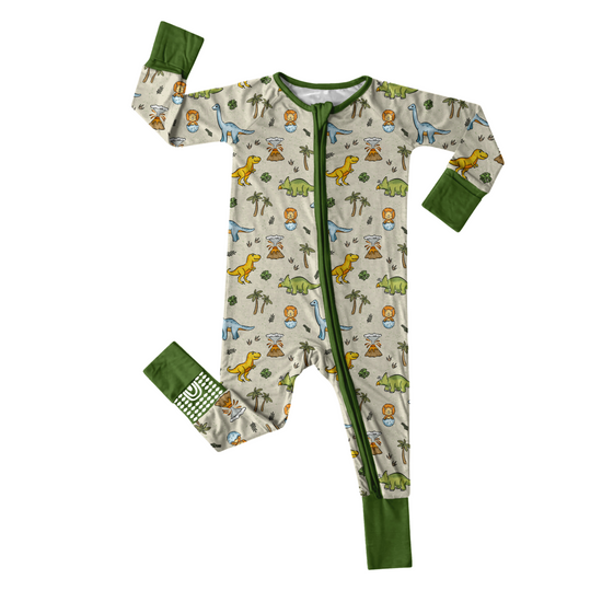 PREHISTORIC PARADISE - NEUTRAL DINOS | Convertible Double Zip Bamboo Rompers | ETA MID-LATE JULY