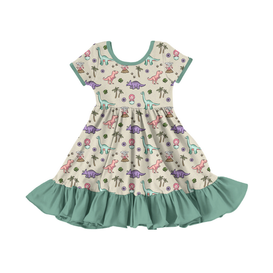 PREHISTORIC PARADISE | TWIRL DRESS - MINT TRIM PASTEL DINOS | ETA MID-LATE JULY