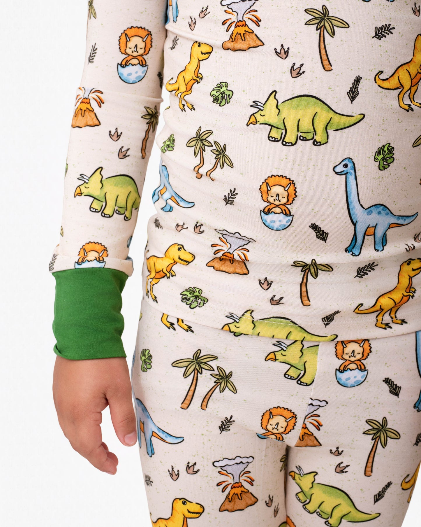 PREHISTORIC PARADISE - NEUTRAL GREEN DINOS | Kid's LONG SLEEVED Two Piece Bamboo Sets | READY TO SHIP