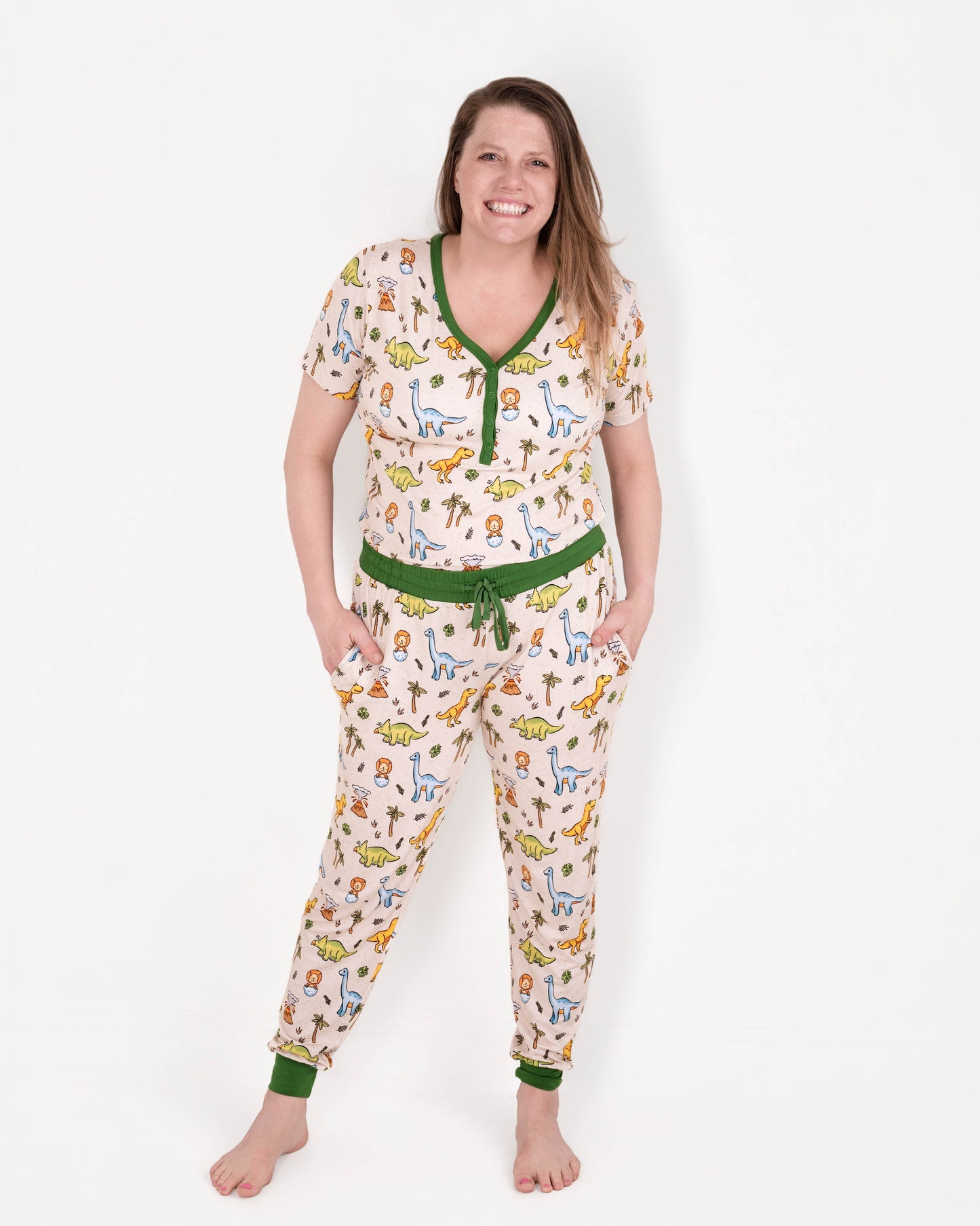 PREHISTORIC PARADISE - GREEN DINOS | Women's Short Sleeved Jogger Style Lounge Set | READY TO SHIP