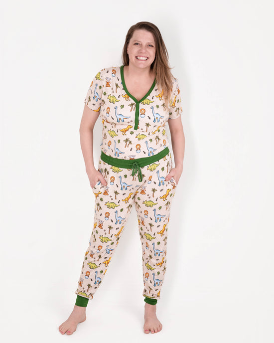 PREHISTORIC PARADISE - GREEN DINOS | Women's Short Sleeved Jogger Style Lounge Set | READY TO SHIP