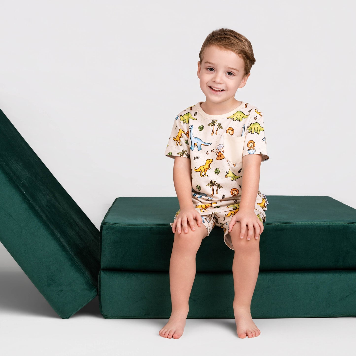 PREHISTORIC PARADISE DINO | DAYWEAR TERRY TEE + SHORTS SET | READY TO SHIP | GREEN + PINK/PURPLE