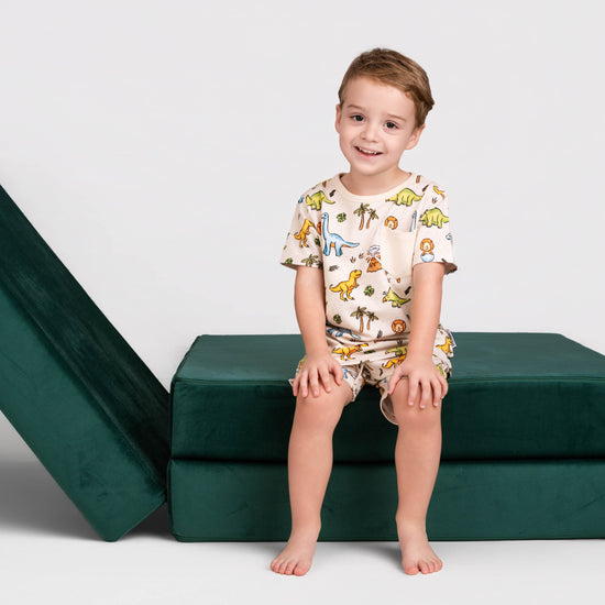 PREHISTORIC PARADISE DINO | DAYWEAR TERRY TEE + SHORTS SET | READY TO SHIP | GREEN + PINK/PURPLE