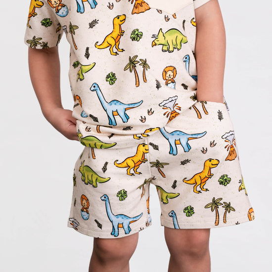 PREHISTORIC PARADISE DINO | DAYWEAR TERRY TEE + SHORTS SET | READY TO SHIP | GREEN + PINK/PURPLE