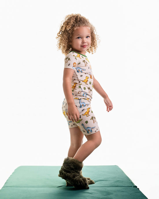 PREHISTORIC PARADISE - NEUTRAL/GREEN  DINOS | Kid's SHORTS Two Piece Bamboo Sets | READY TO SHIP