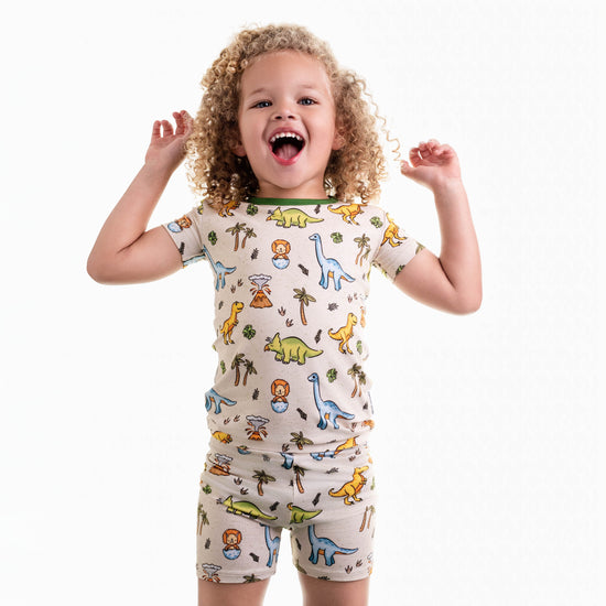 PREHISTORIC PARADISE - NEUTRAL/GREEN  DINOS | Kid's SHORTS Two Piece Bamboo Sets | READY TO SHIP