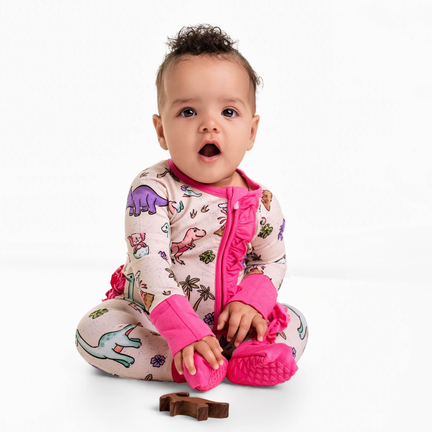 PREHISTORIC PARADISE - PINK TRIM PASTEL DINOS | Convertible Double Zip Bamboo Rompers | READY TO SHIP