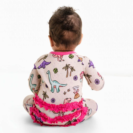 PREHISTORIC PARADISE - PINK TRIM PASTEL DINOS | Convertible Double Zip Bamboo Rompers | READY TO SHIP