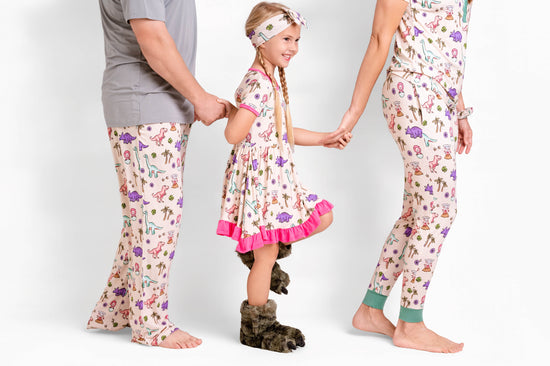 PREHISTORIC PARADISE - MINT TRIM PASTEL DINOS | Women's Short Sleeved Jogger Style Lounge Set | READY TO SHIP