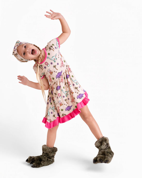 PREHISTORIC PARADISE | TWIRL DRESS - PINK TRIM PASTEL DINOS | READY TO SHIP