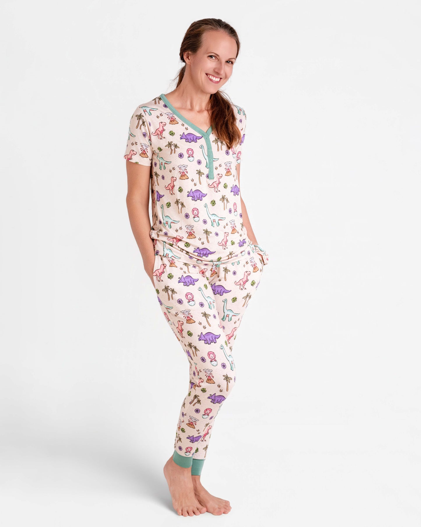 PREHISTORIC PARADISE - MINT TRIM PASTEL DINOS | Women's Short Sleeved Jogger Style Lounge Set | READY TO SHIP