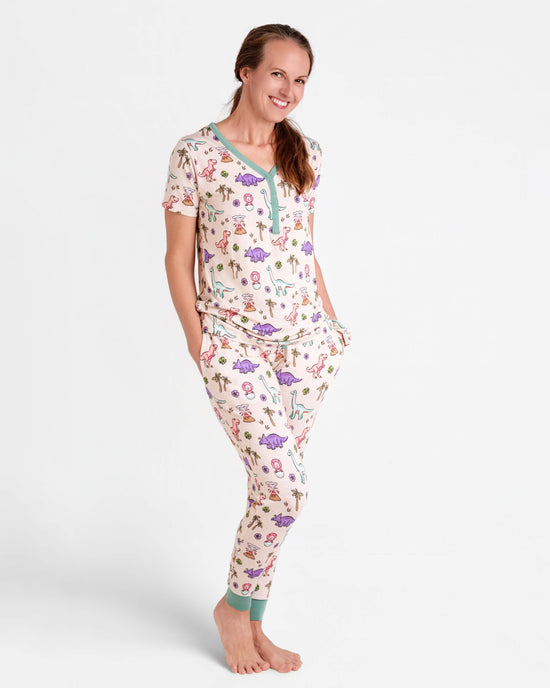 PREHISTORIC PARADISE - MINT TRIM PASTEL DINOS | Women's Short Sleeved Jogger Style Lounge Set | READY TO SHIP