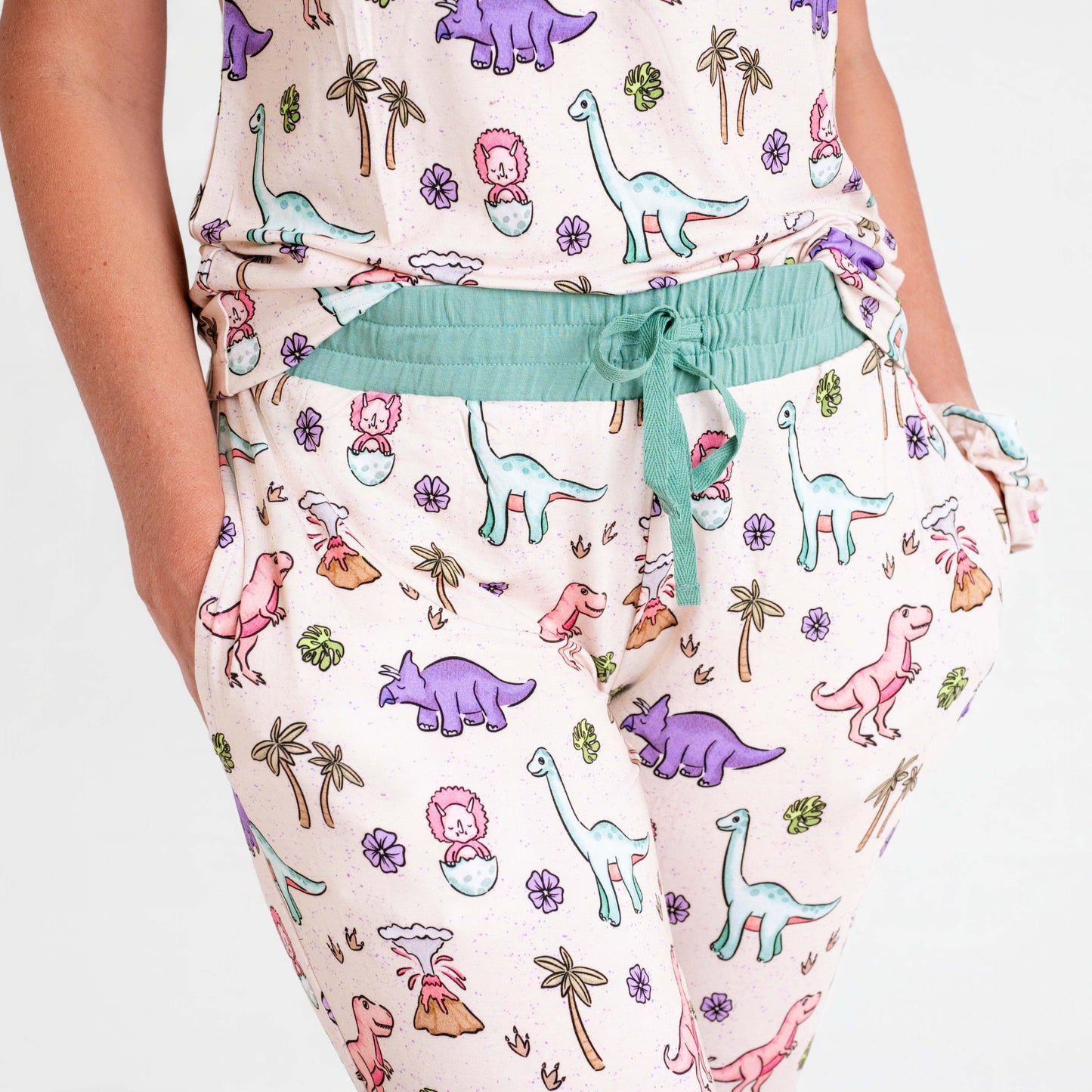 PREHISTORIC PARADISE - MINT TRIM PASTEL DINOS | Women's Short Sleeved Jogger Style Lounge Set | READY TO SHIP
