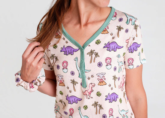 PREHISTORIC PARADISE - MINT TRIM PASTEL DINOS | Women's Short Sleeved Jogger Style Lounge Set | READY TO SHIP