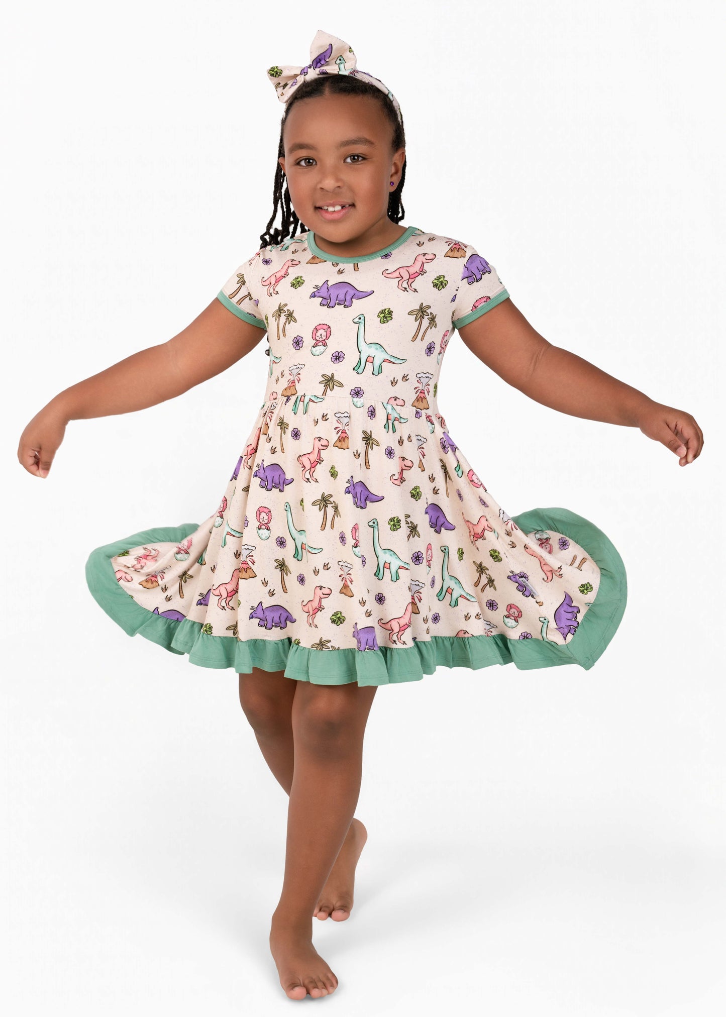 PREHISTORIC PARADISE | TWIRL DRESS - MINT TRIM PASTEL DINOS | READY TO SHIP