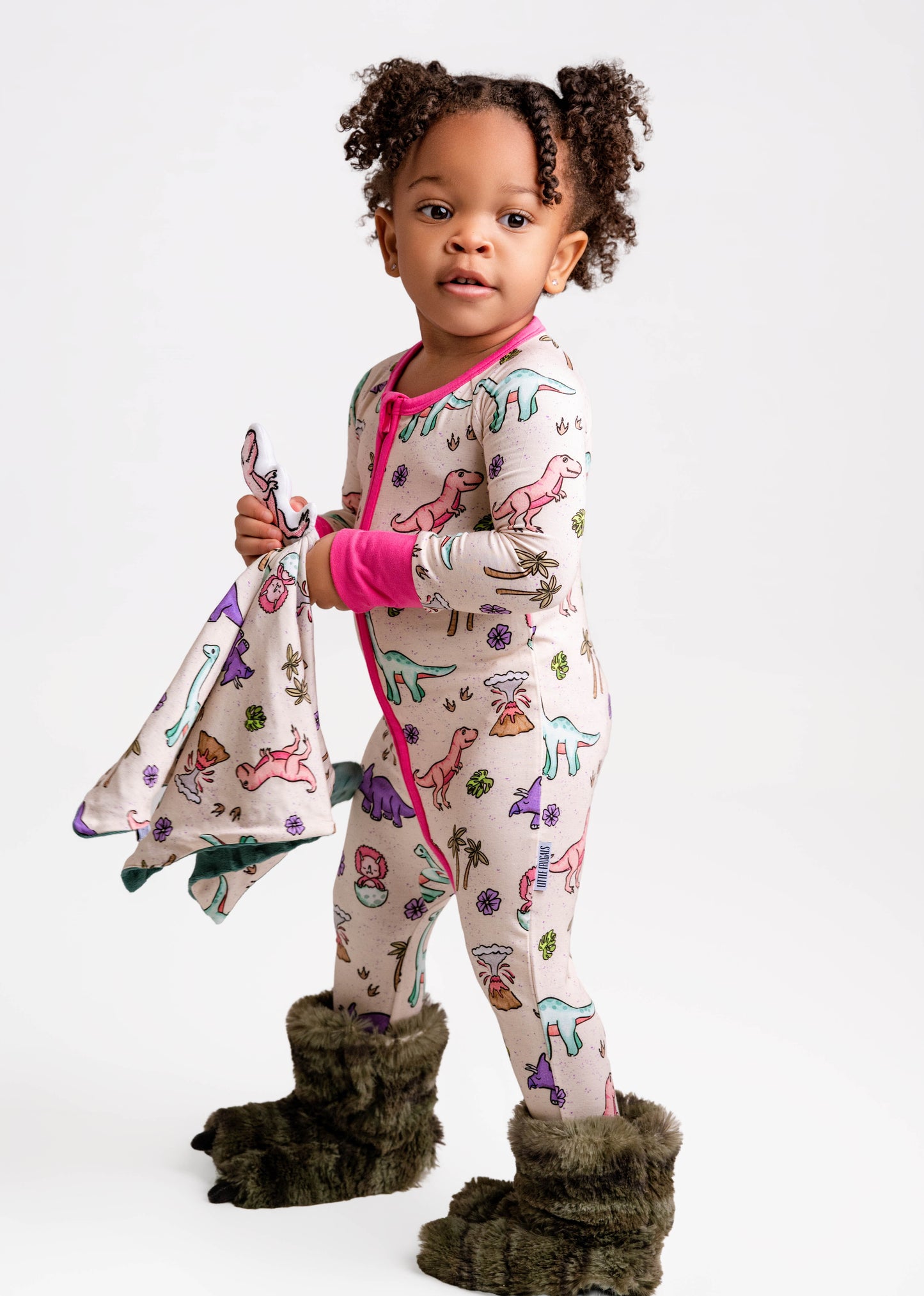PREHISTORIC PARADISE - PINK TRIM PASTEL DINOS | Convertible Double Zip Bamboo Rompers | READY TO SHIP