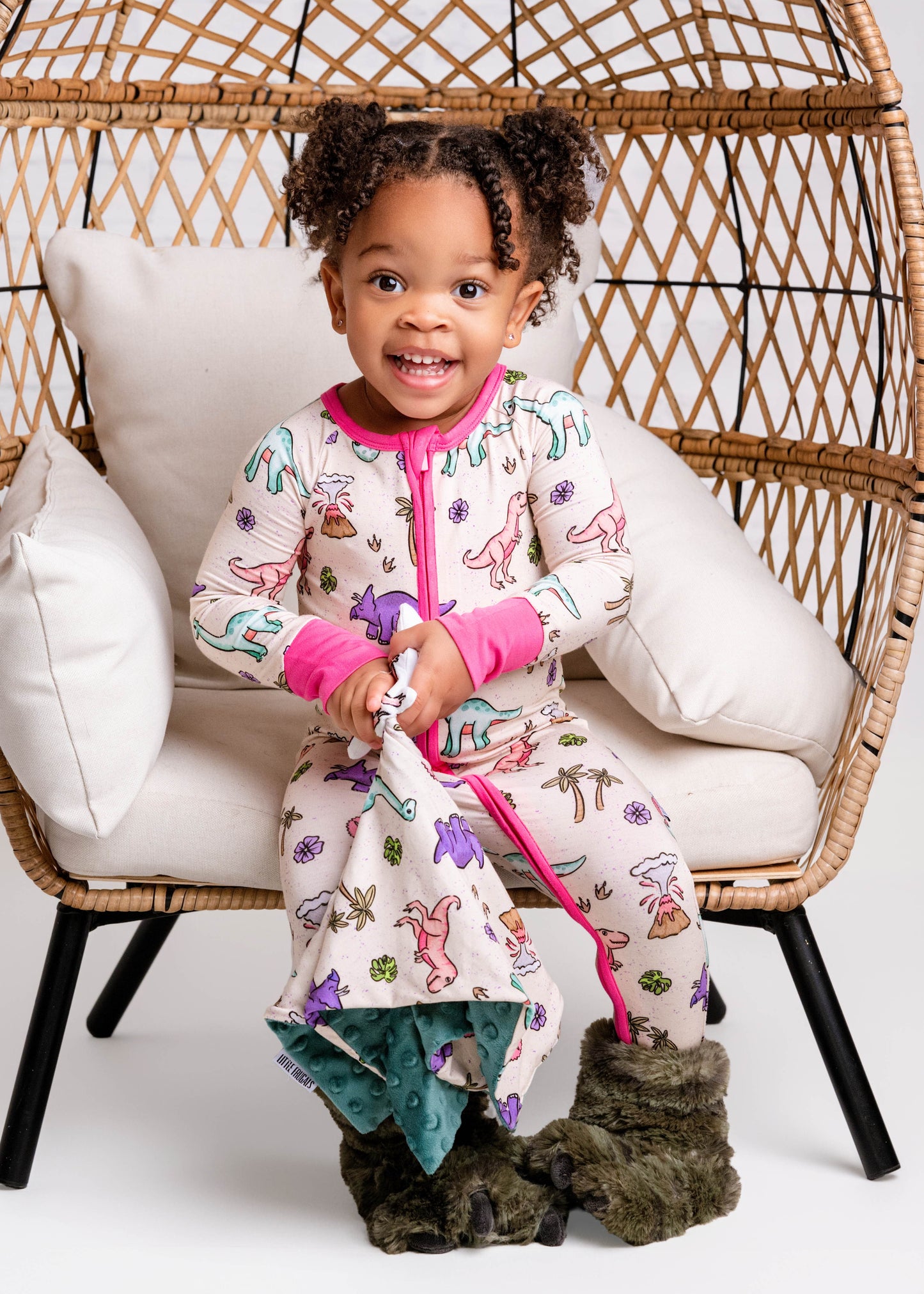 PREHISTORIC PARADISE - PINK TRIM PASTEL DINOS | Convertible Double Zip Bamboo Rompers | READY TO SHIP