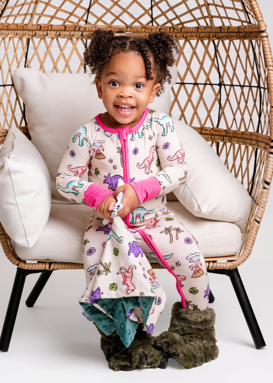 PREHISTORIC PARADISE - PINK TRIM PASTEL DINOS | Convertible Double Zip Bamboo Rompers | READY TO SHIP