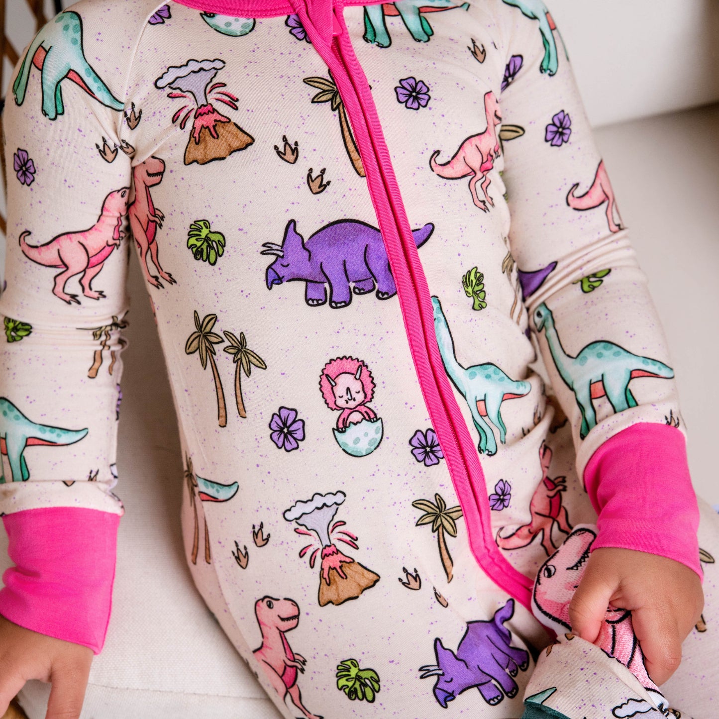 PREHISTORIC PARADISE - PINK TRIM PASTEL DINOS | Convertible Double Zip Bamboo Rompers | READY TO SHIP