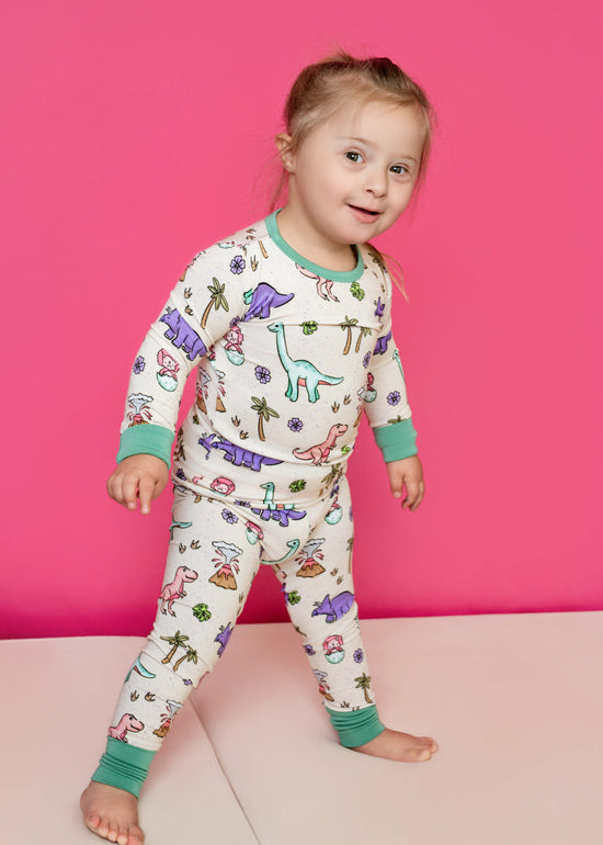 PREHISTORIC PARADISE - MINT TRIM PASTEL DINOS | Kid's LONG SLEEVED Two Piece Bamboo Sets | READY TO SHIP