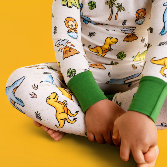 PREHISTORIC PARADISE - NEUTRAL GREEN DINOS | Kid's LONG SLEEVED Two Piece Bamboo Sets | READY TO SHIP