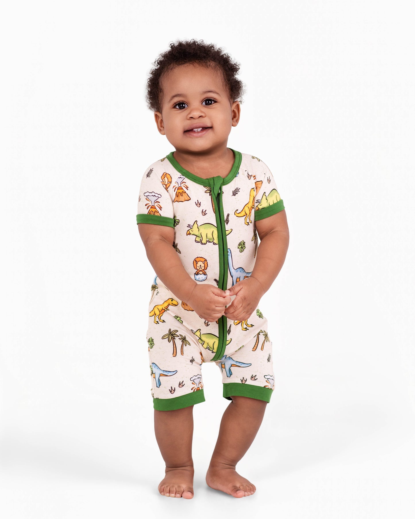 PREHISTORIC PARADISE - NEUTRAL GREEN DINOS | Shortie Romper | READY TO SHIP