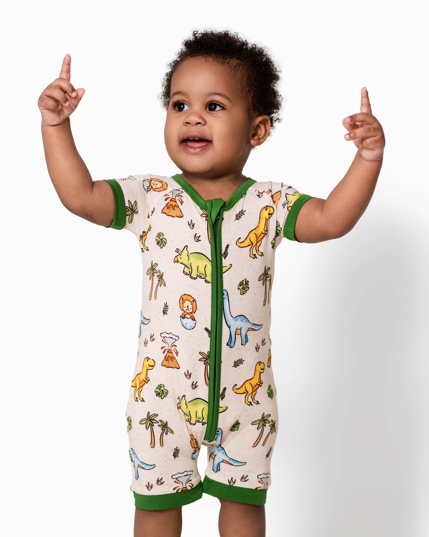 PREHISTORIC PARADISE - NEUTRAL GREEN DINOS | Shortie Romper | READY TO SHIP