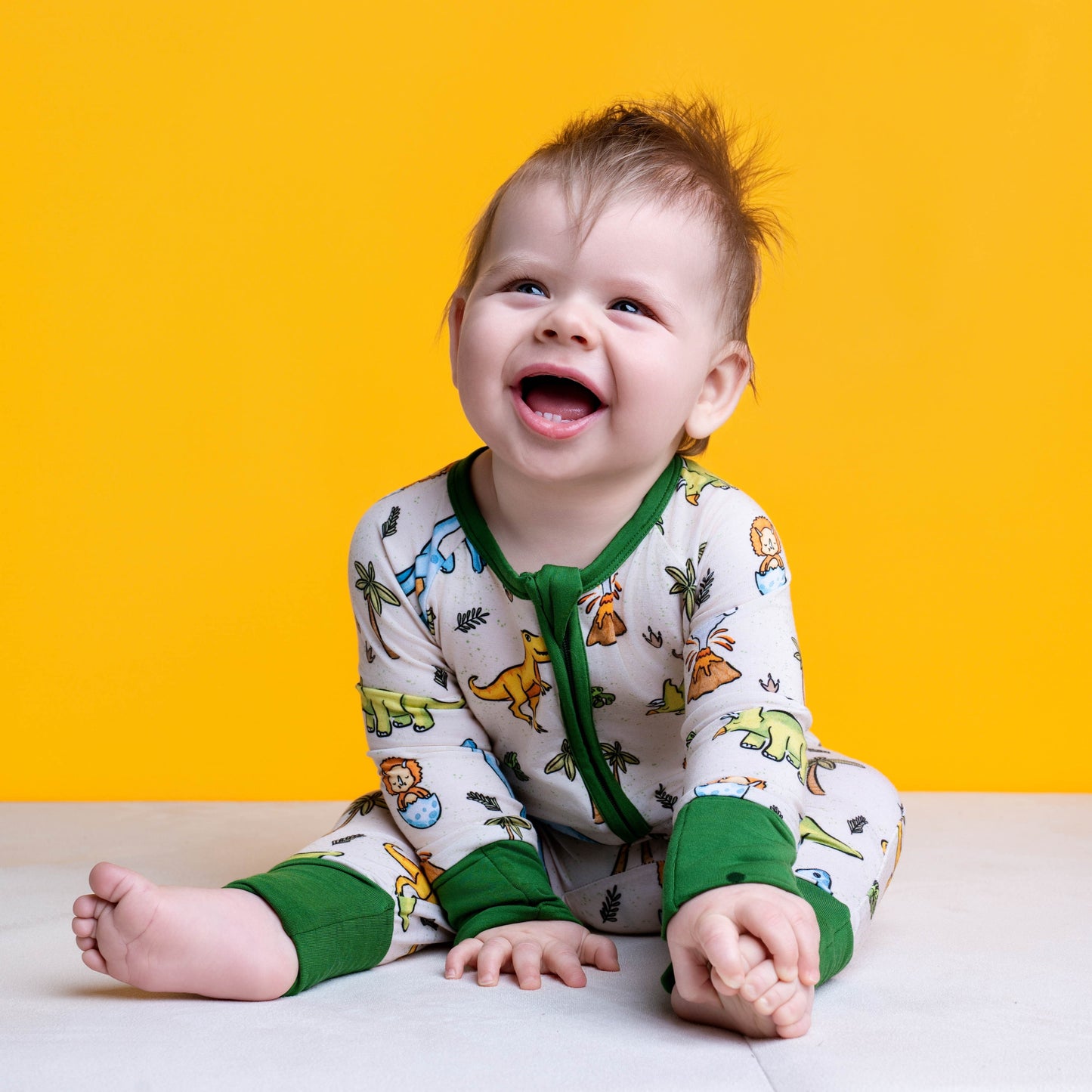 PREHISTORIC PARADISE - NEUTRAL GREEN DINOS | Convertible Double Zip Bamboo Rompers | READY TO SHIP