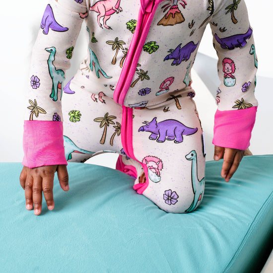 PREHISTORIC PARADISE - PINK TRIM PASTEL DINOS | Convertible Double Zip Bamboo Rompers | READY TO SHIP