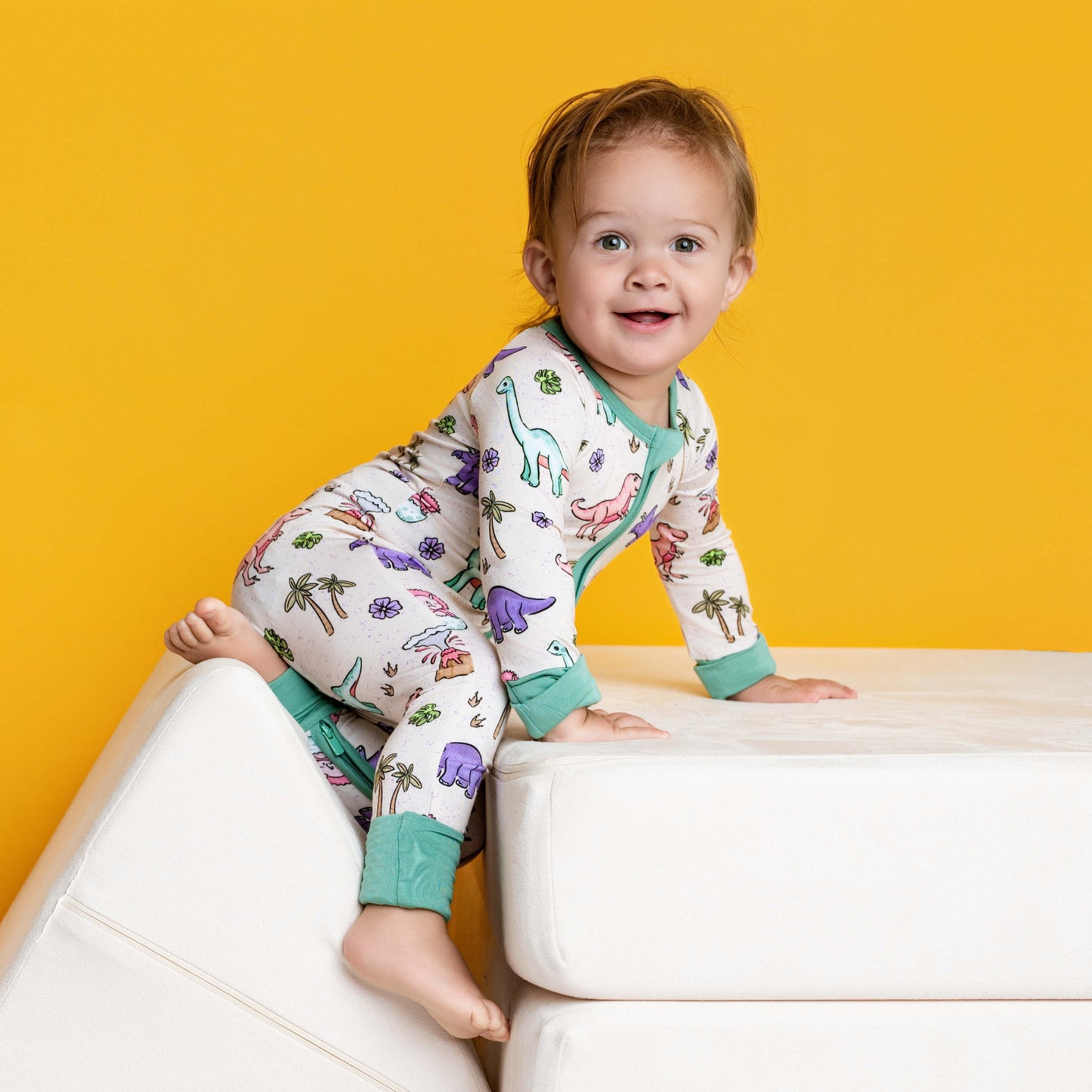 PREHISTORIC PARADISE - MINT TRIM PASTEL DINOS | Convertible Double Zip Bamboo Rompers | READY TO SHIP