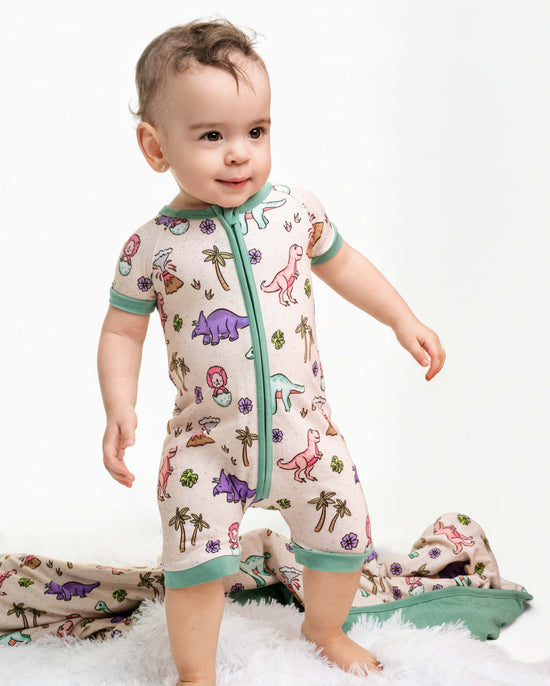 PREHISTORIC PARADISE - MINT TRIM PASTEL DINOS | Shortie Romper | READY TO SHIP