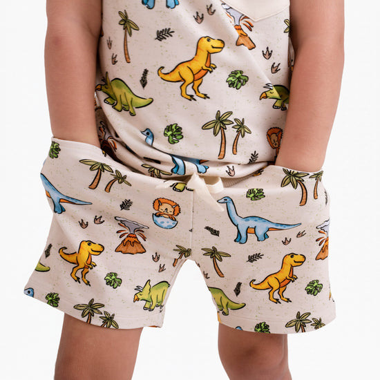 PREHISTORIC PARADISE DINO | DAYWEAR TERRY TEE + SHORTS SET | READY TO SHIP | GREEN + PINK/PURPLE