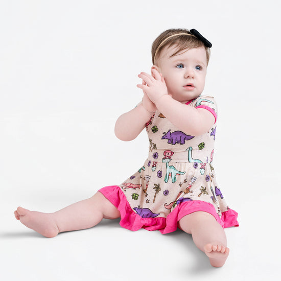 PREHISTORIC PARADISE | TWIRL DRESS - PINK TRIM PASTEL DINOS | READY TO SHIP