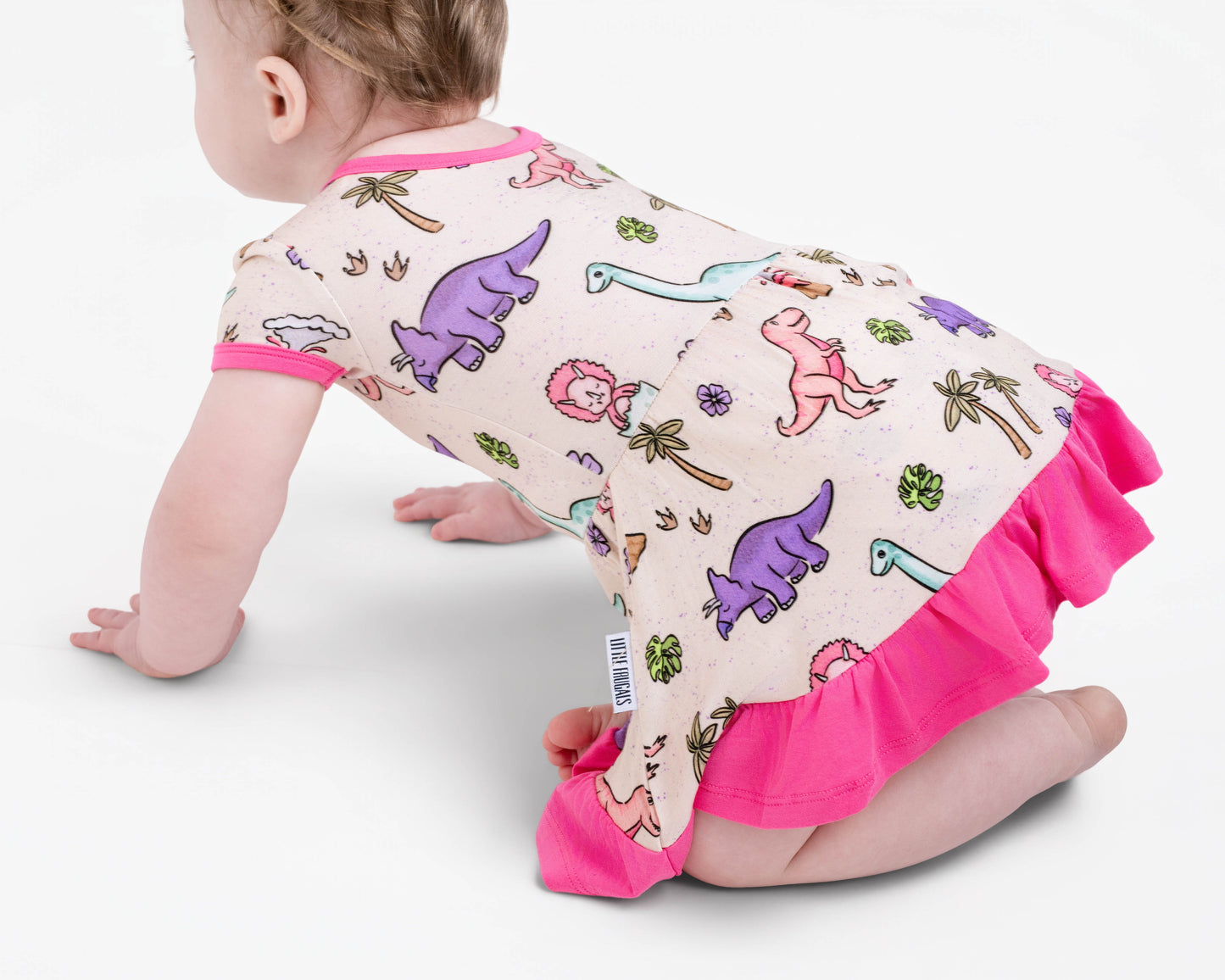 PREHISTORIC PARADISE | TWIRL DRESS - PINK TRIM PASTEL DINOS | READY TO SHIP