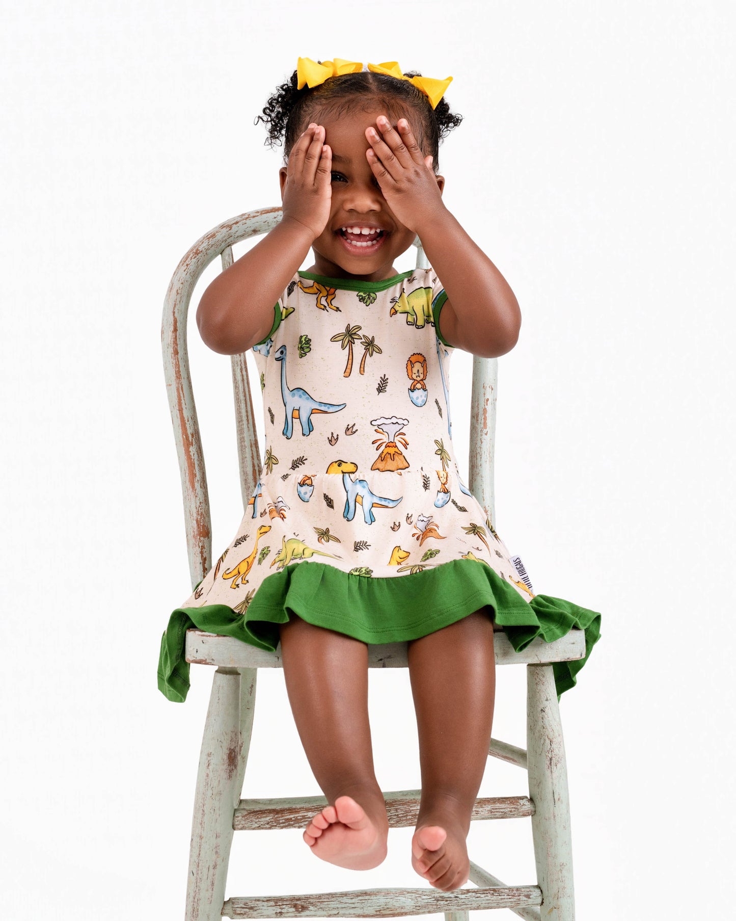 PREHISTORIC PARADISE | GREEN DINOS TWIRL DRESS | READY TO SHIP