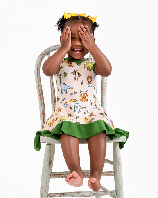 PREHISTORIC PARADISE | GREEN DINOS TWIRL DRESS | READY TO SHIP