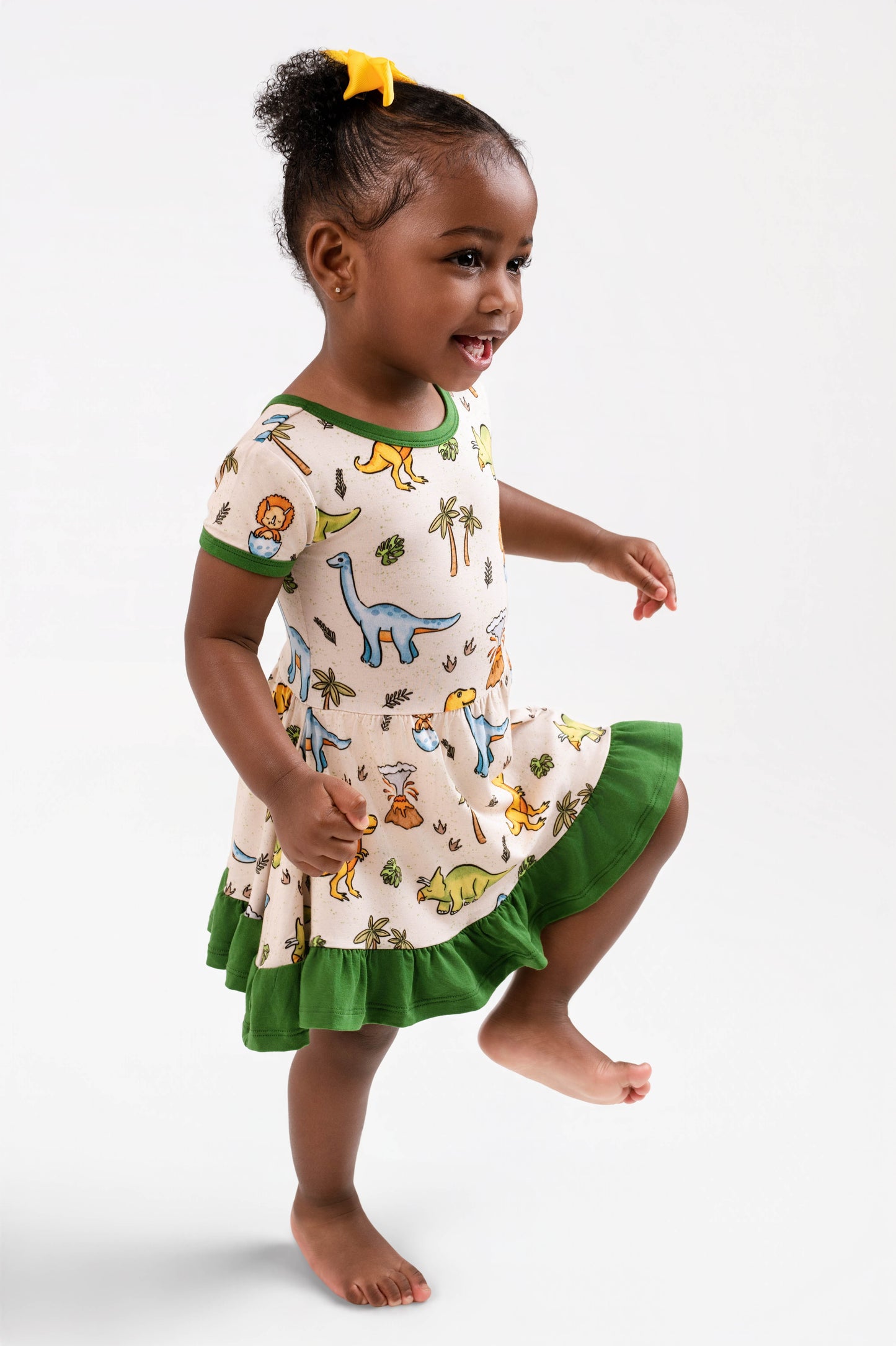 PREHISTORIC PARADISE | GREEN DINOS TWIRL DRESS | READY TO SHIP