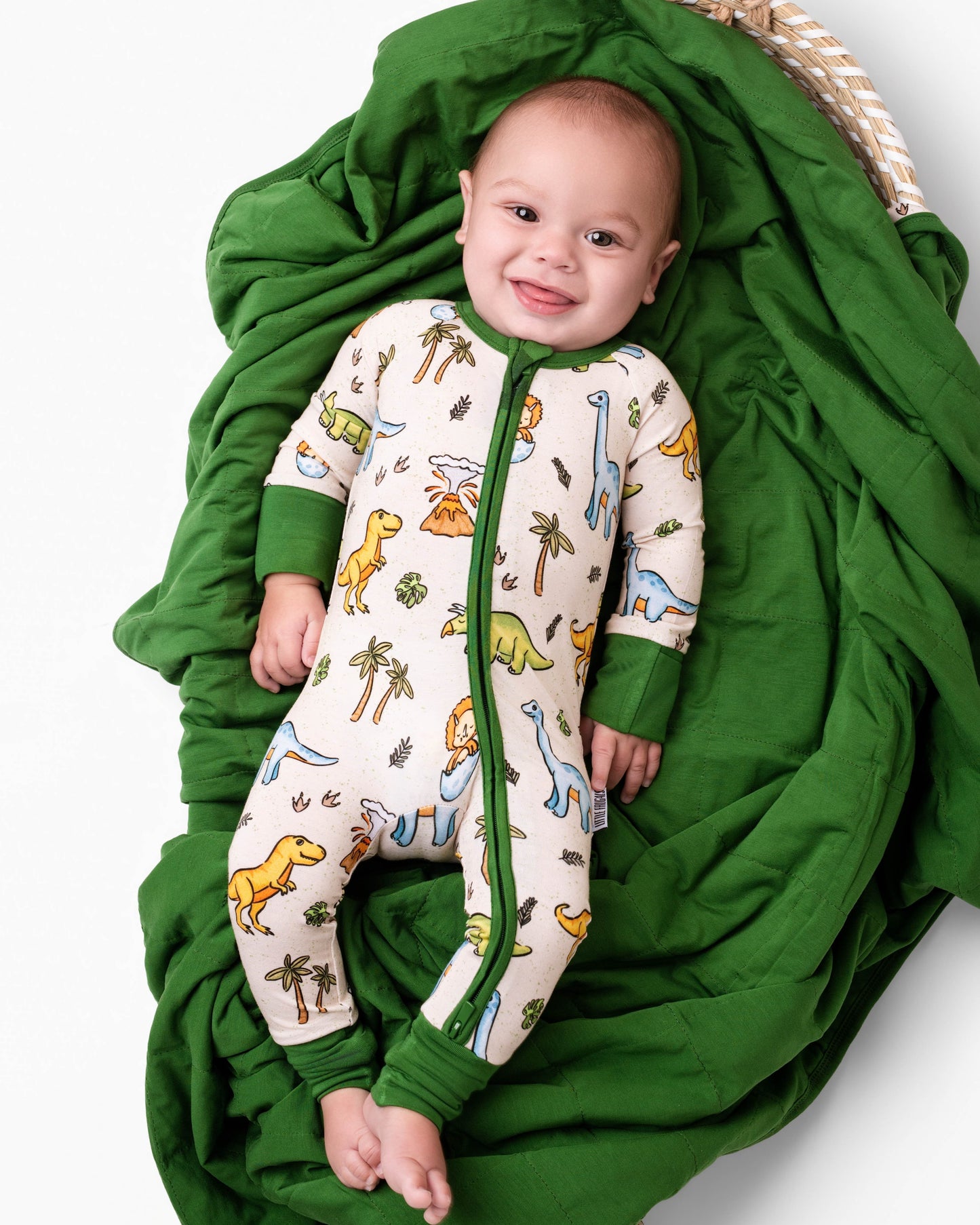 PREHISTORIC PARADISE - NEUTRAL GREEN DINOS | Convertible Double Zip Bamboo Rompers | READY TO SHIP