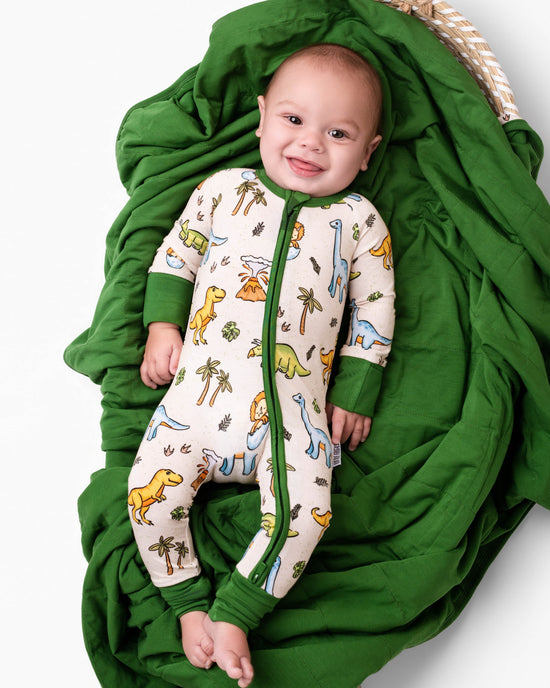 PREHISTORIC PARADISE - NEUTRAL GREEN DINOS | Convertible Double Zip Bamboo Rompers | READY TO SHIP