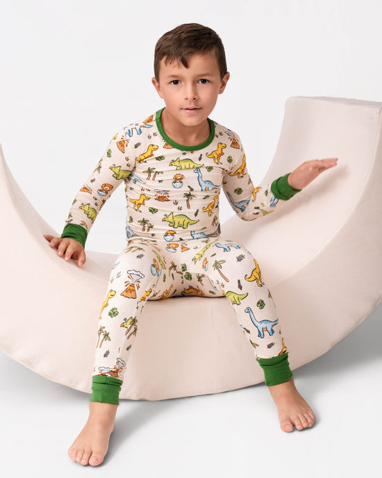 PREHISTORIC PARADISE - NEUTRAL GREEN DINOS | Kid's LONG SLEEVED Two Piece Bamboo Sets | READY TO SHIP