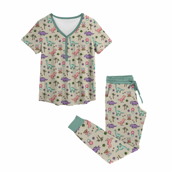 PREHISTORIC PARADISE - MINT TRIM PASTEL DINOS | Women's Short Sleeved Jogger Style Lounge Set | ETA MID-LATE JULY