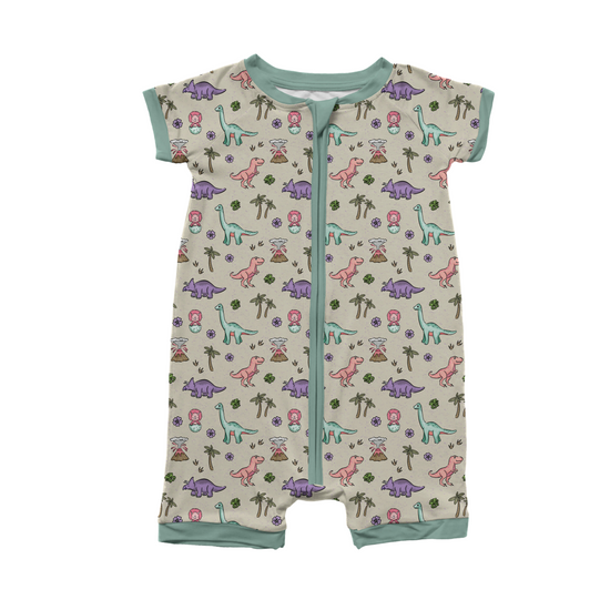 PREHISTORIC PARADISE - MINT TRIM PASTEL DINOS | Shortie Romper | ETA MID-LATE JULY