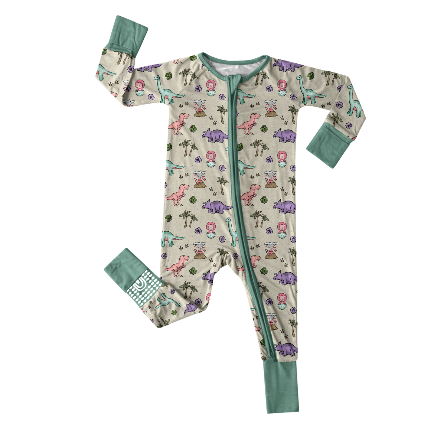 PREHISTORIC PARADISE - MINT TRIM PASTEL DINOS | Convertible Double Zip Bamboo Rompers | ETA MID-LATE JULY