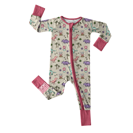 PREHISTORIC PARADISE - PINK TRIM PASTEL DINOS | Convertible Double Zip Bamboo Rompers | ETA MID-LATE JULY