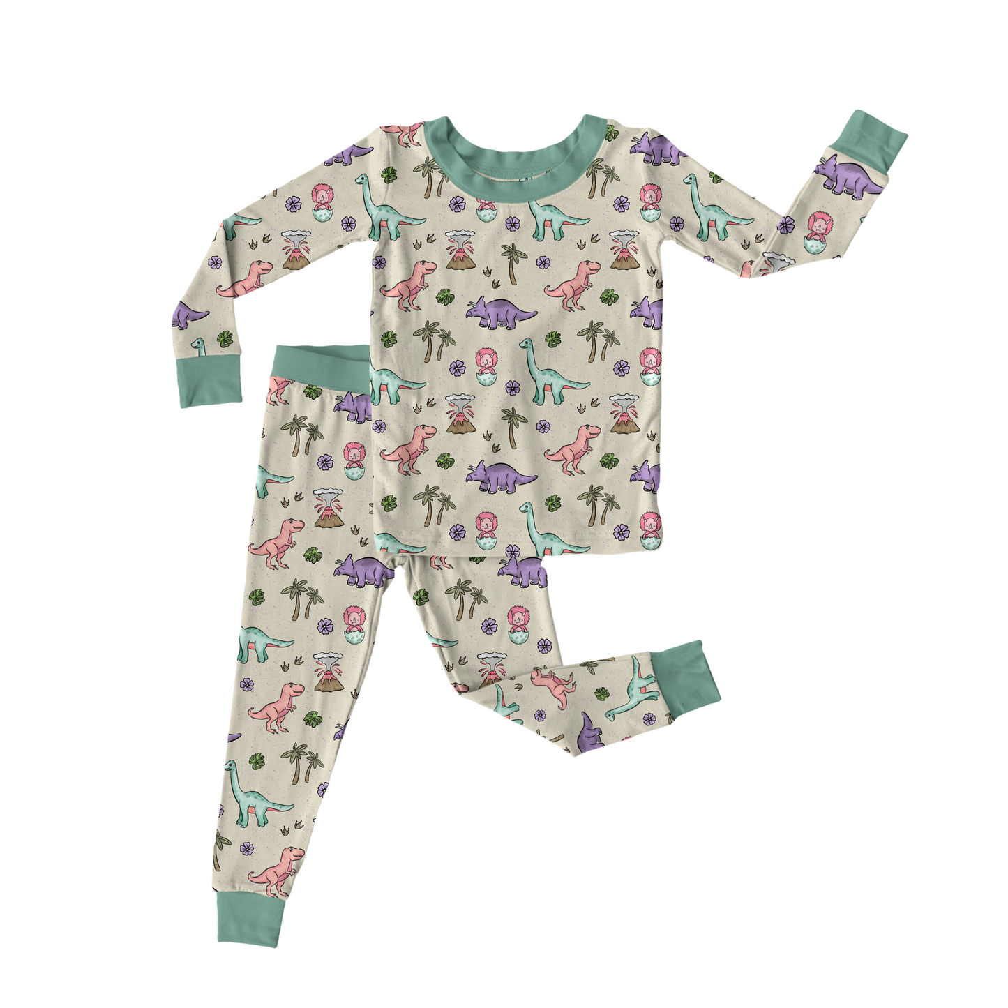 PREHISTORIC PARADISE - MINT TRIM PASTEL DINOS | Kid's LONG SLEEVED Two Piece Bamboo Sets | ETA MID-LATE JULY